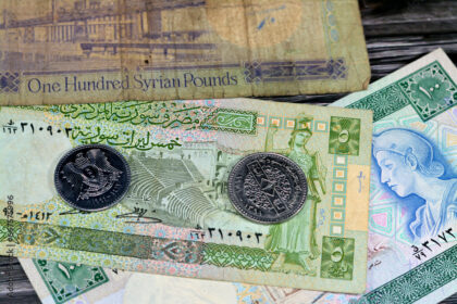 Syrian money background of old coins and banknotes of Livres Liras of different eras, old vintage retro Syria money coin and bills, exchange rate, economy status of Syria, vintage retro ancient money