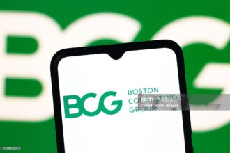 CANADA - 2025/02/18: In this photo illustration, the BCG (Boston Consulting Group) logo is seen displayed on a smartphone screen. (Photo Illustration by Thomas Fuller/SOPA Images/LightRocket via Getty Images)