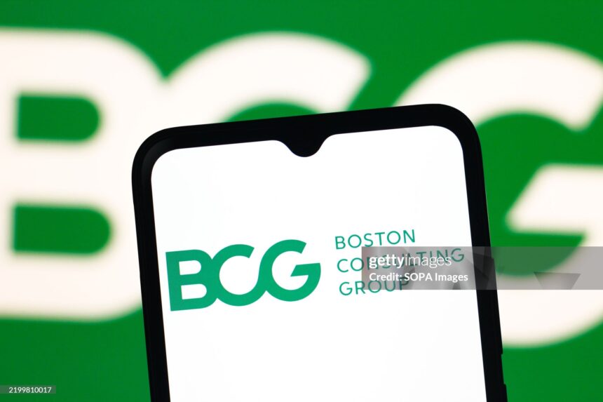 CANADA - 2025/02/18: In this photo illustration, the BCG (Boston Consulting Group) logo is seen displayed on a smartphone screen. (Photo Illustration by Thomas Fuller/SOPA Images/LightRocket via Getty Images)