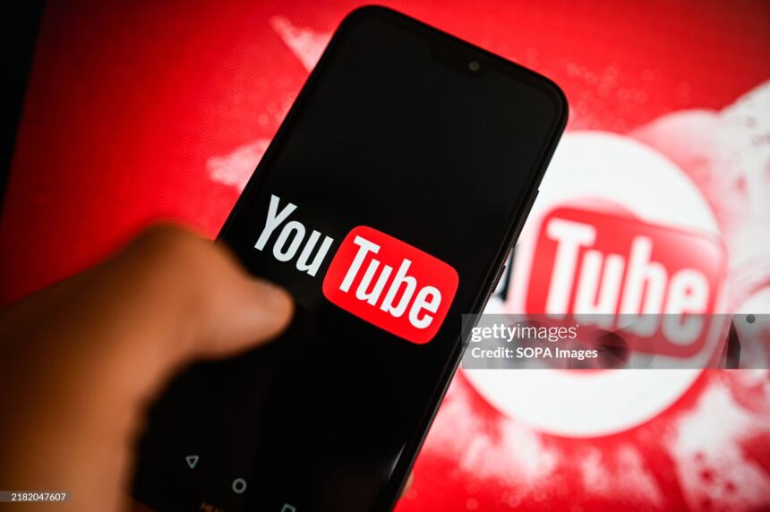 POLAND - 2024/11/03: In this photo illustration, a Youtube logo is displayed on a smartphone with Youtube logo in the background. (Photo Illustration by Omar Marques/SOPA Images/LightRocket via Getty Images)