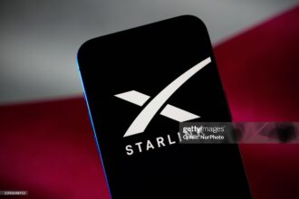 The SpaceX Starlink logo and app are seen in this illustration photo taken in Warsaw, Poland on 09 March, 2025. (Photo by Jaap Arriens/NurPhoto via Getty Images)