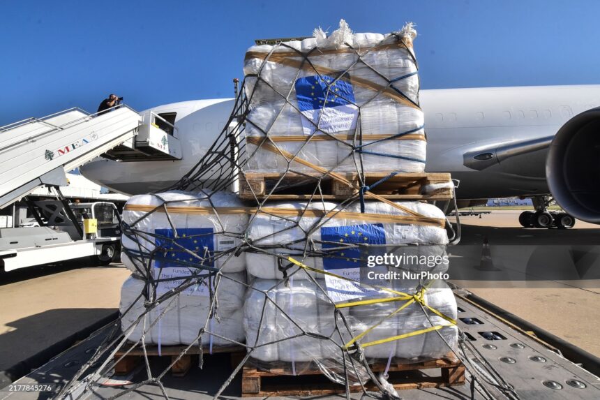 Workers unload a humanitarian aid shipment provided by the European Union at the Beirut International Airport in Beirut, Lebanon, on October 15, 2024. Israel increases its strikes on what it says are sites for the Lebanese militant group Hezbollah and its allies since September 23, following almost a year of cross-border fire, resulting in the deaths of more than 1,200 people and the displacement of around a million from their homes. (Photo by Fadel Itani/NurPhoto via Getty Images)